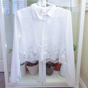 H&M Embroidered Crop Button Top with Crochet Hem
